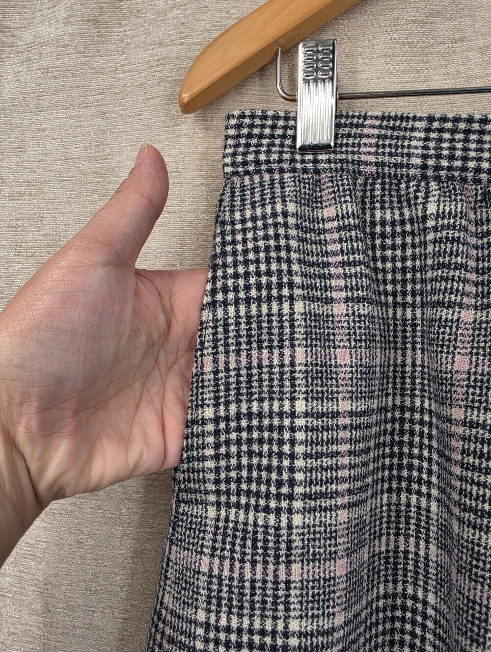 Pendelton Vintage Wool Midi Skirt Navy Blue White and Pink Plaid - Picture 3 of 7